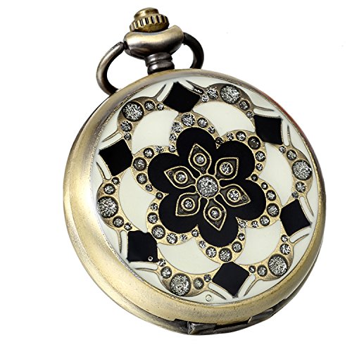 Avaner Reloj De Bolsillo Vintage Retro De Flores, Reloj Mosaico con Cadena Larga De 81cm, Cuarzo Reloj Bronce para Mujer, Regalo Dia de la Madre