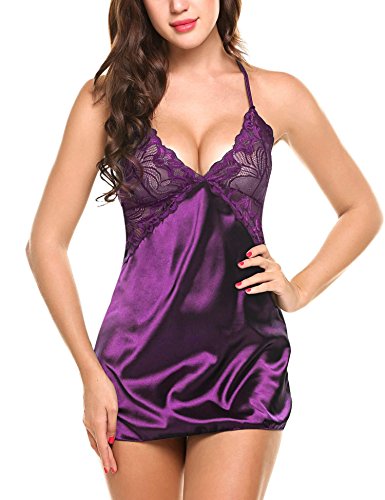 Avidlove Mujer Ropa Interior Lencería de Seda Picante Noche Erótica Encaje(Púrpura M)