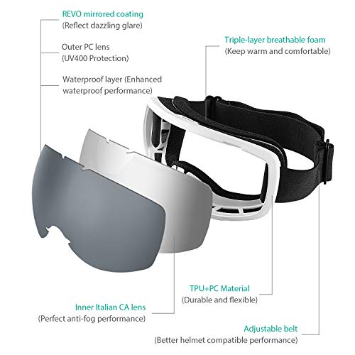 Avoalre Gafas de Esquí Máscara Snowboard Nieve Espejo Gafas de Protección UV400 Ajustable Portable de la de Los Anteojos para Hombre Mujer Adultos Anti Niebla Gafas de Esquiar