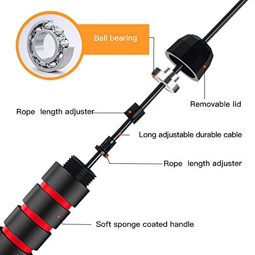 Awroutdoor Cuerda para Saltar, 2.8M Ajustable Cuerda Saltarde Velocidad con Mango de Espuma de Suave Fitness Boxeo,y Quema Grasa,Gym-Negro+Rojo