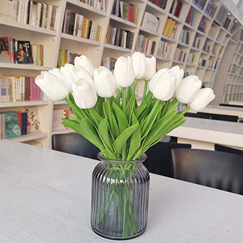 Awtlife 24 piezas de flores artificiales de tulipán de látex con tacto real para hacer ramos de boda, fiesta de novia, baby shower decoración del hogar blanco