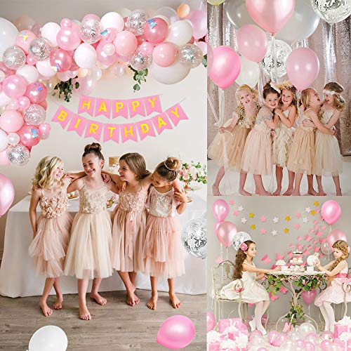AYUQI Decoración de Cumpleaños para Niña con Adorno de Pastel de Bricolaje, Rosa Pancarta de Feliz Cumpleaños, Globos Papel de Aluminio Corazón Estrella, Decoraciones para Cumpleaños