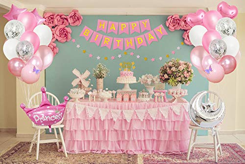 AYUQI Decoración de Cumpleaños para Niña con Adorno de Pastel de Bricolaje, Rosa Pancarta de Feliz Cumpleaños, Globos Papel de Aluminio Corazón Estrella, Decoraciones para Cumpleaños