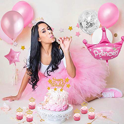AYUQI Decoración de Cumpleaños para Niña con Adorno de Pastel de Bricolaje, Rosa Pancarta de Feliz Cumpleaños, Globos Papel de Aluminio Corazón Estrella, Decoraciones para Cumpleaños