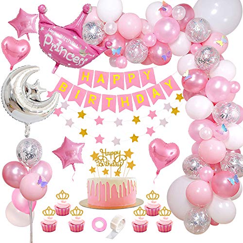 AYUQI Decoración de Cumpleaños para Niña con Adorno de Pastel de Bricolaje, Rosa Pancarta de Feliz Cumpleaños, Globos Papel de Aluminio Corazón Estrella, Decoraciones para Cumpleaños