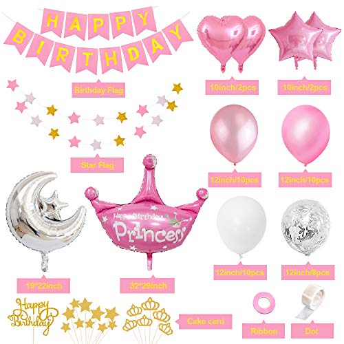 AYUQI Decoración de Cumpleaños para Niña con Adorno de Pastel de Bricolaje, Rosa Pancarta de Feliz Cumpleaños, Globos Papel de Aluminio Corazón Estrella, Decoraciones para Cumpleaños