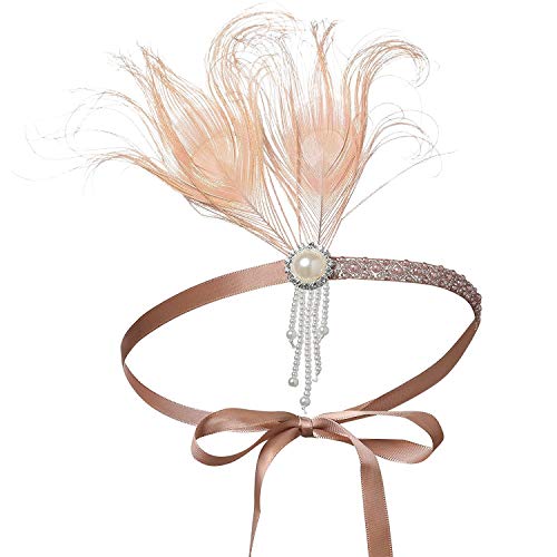 BABEYOND 1920s Flapper Headband Peacock Pluma Headpiece Gran Gatsby Headband 1920s Vintage Flapper Accesorios con arco y borla para Pageant Partido temático (Albaricoque Rosa)