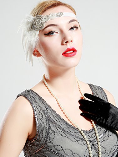 BABEYOND Años 20 Flapper Diadema de Plumas Negras Diadema Gatsby Vintage Cinta para el Pelo con Cuentas de Cristal Accesorios Vintage Disfraz Gran Gatsby Fiesta Temática Prom (Blanco)