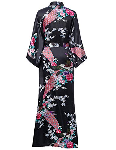 BABEYOND Kimono de Seda Vestido de Satén Kimono Pavo Real Novia Pijamas de Seda Bata de Satén (Negro)