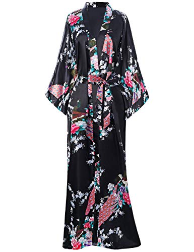 BABEYOND Kimono de Seda Vestido de Satén Kimono Pavo Real Novia Pijamas de Seda Bata de Satén (Negro)