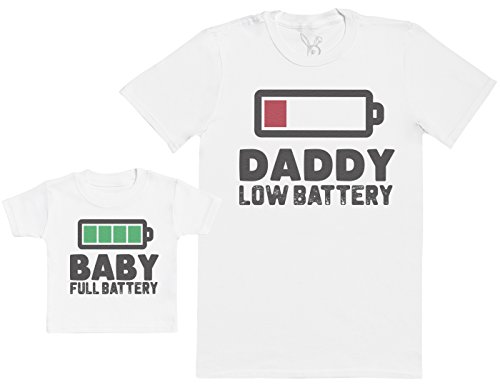 Baby Full Battery - Regalo para Padres y bebés en un Camiseta para bebés y una Camiseta de Hombre a Juego - Blanco - M & 3-6 Meses