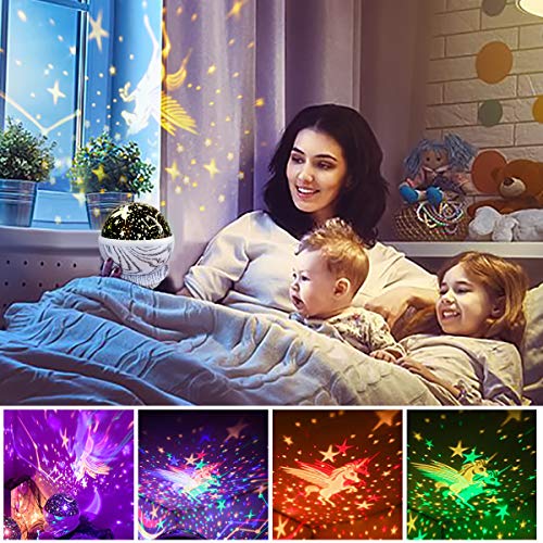 Baby Night Light Projector Recargable Kids Unicorn Star Lámpara de proyector LED giratoria con control remoto, 8 músicas y 10 colores, Juguetes para niños de 3-12 años