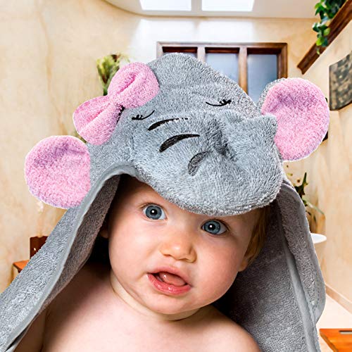 Baby Toalla con Capucha y Elefante para Bebé, Toalla de Baño Bebé, Capa de Baño Bebé Infantil, Toalla Bebe Recien Nacido, Regalo Niñas, Gris