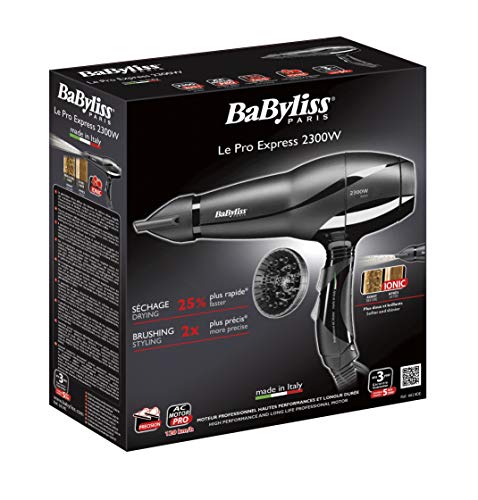 BaByliss 6614DE - Secador de pelo iónico ultra-rápido, motor profesional AC, 2300 W, 6 velocidades/temperaturas, aire frío, 2 concentradores, 1 difusor, color negro