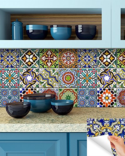Backsplash Pegatinas para azulejos, 24 unidades, auténticos azulejos de Talavera tradicionales, para baño y cocina, fáciles de aplicar, solo retirar el papel y pegar, decoración del hogar, 10 x 10 cm