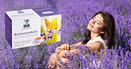 BADERs Apotheken-Tee Gelassenheit. BADERs farmacias té serenidad lavanda valeriana bálsamo. Disfruta el día, duerme bien por la noche. 20 bolsas filtrantes