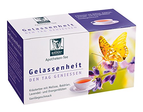 BADERs Apotheken-Tee Gelassenheit. BADERs farmacias té serenidad lavanda valeriana bálsamo. Disfruta el día, duerme bien por la noche. 20 bolsas filtrantes