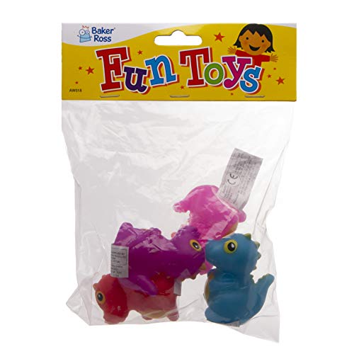 Baker Ross- Dinosaurios que lanzan agua (Pack de 4) Juguetes de goma que flotan con diseños variados ideales para la hora del baño o para actividades acuáticas