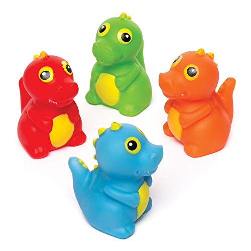 Baker Ross- Dinosaurios que lanzan agua (Pack de 4) Juguetes de goma que flotan con diseños variados ideales para la hora del baño o para actividades acuáticas