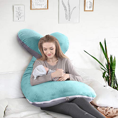 BalladHome Almohada para el Embarazo Almohada de Maternidad en Forma de U Algodon Almohada Maternidad Almohada para Todo el Cuerpo Almohada Embarazada con reemplazable y Lavable（Algodón，Verde&Gris）