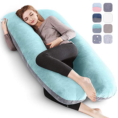 BalladHome Almohada para el Embarazo Almohada de Maternidad en Forma de U Algodon Almohada Maternidad Almohada para Todo el Cuerpo Almohada Embarazada con reemplazable y Lavable（Algodón，Verde&Gris）
