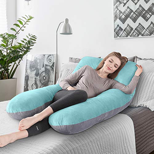 BalladHome Almohada para el Embarazo Almohada de Maternidad en Forma de U Algodon Almohada Maternidad Almohada para Todo el Cuerpo Almohada Embarazada con reemplazable y Lavable（Algodón，Verde&Gris）