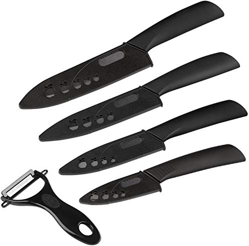 Ballery Cuchillos de Cerámica Set, 4 Piezas Cuchillos de Cocina y 1 Pelador Cerámica (6"Chef Cuchillo, 5'' Utilidad/Cortar, 4'' Cuchillo de Fruta, 3'' Cuchillo de pelado) - Negro