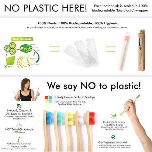 BAMBOOGALOO Cepillo de Dientes Orgánico Bambú x5 -Cepillos de Dientes de Bambú con GRATIS Bastoncillos de Bambú y Hilo Dental. Ecológico, Biodegradables y Sin Plástico Embalaje. Cerdas Medio/Firmes.