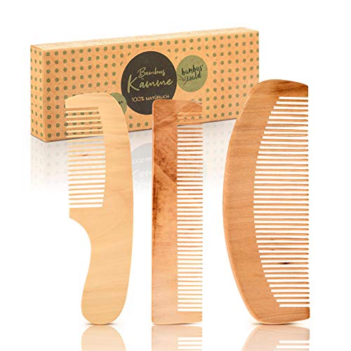 bambuswald© Juego de 3: Peine ecológico de 100% bambú - para cabello y barba ǀ Peine de madera Peine natural en 3 estilos diferentes ǀ Peine de bolsillo para viajes