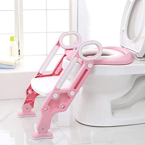Bamny Adaptador WC Niños con Escalera, Asiento Inodoro Niños Ajustable para Orinal Infantil Formación, Seguro, Antideslizante (Rosa)