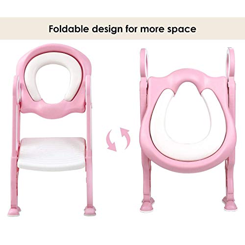 Bamny Adaptador WC Niños con Escalera, Asiento Inodoro Niños Ajustable para Orinal Infantil Formación, Seguro, Antideslizante (Rosa)