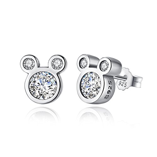 Bamoer Pendientes brillantes con forma de ratón, plata de ley 925 con circonitas