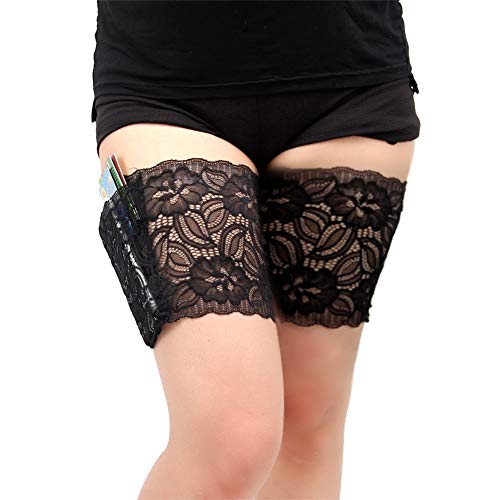 Bandas elásticas antirozaduras para el muslo y adelgazamiento sexy, banda de encaje suave para evitar rozaduras en los muslos. Negro con bolsillo. L