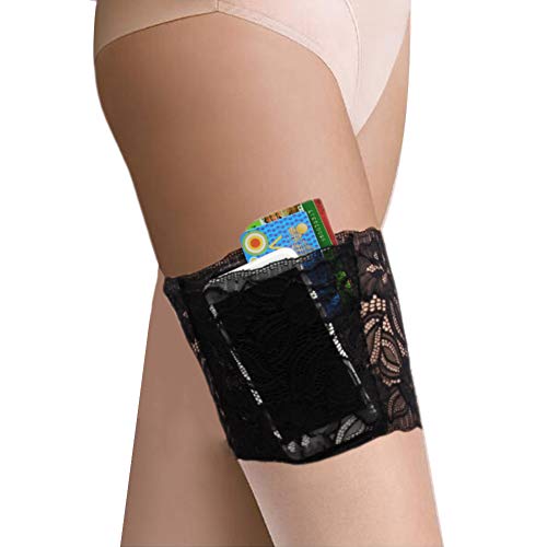 Bandas elásticas antirozaduras para el muslo y adelgazamiento sexy, banda de encaje suave para evitar rozaduras en los muslos. Negro con bolsillo. L
