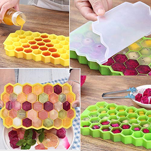 Bandeja de hielo de silicona CaiCaiNiu, 3 paquetes de 37 moldes para cubitos de hielo con tapa a prueba de salpicaduras y 1 pinza para hielo para bebidas frías, cócteles y papillas caseras.