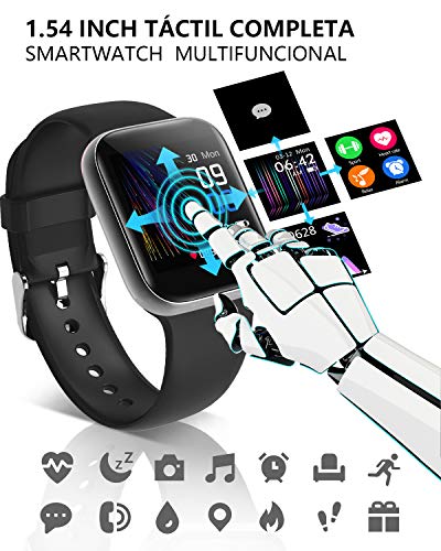 BANLVS Smartwatch, Reloj Inteligente Impermeable IP68 Pantalla Táctil de 1.54" con Pulsómetro, Monitor de sueño, Notificaciones Inteligentes,Podómetro Pulsera Actividad Inteligente para Hombre y Mujer