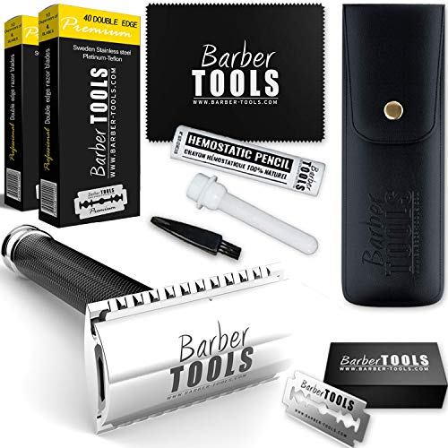 ✮ BARBER TOOLS ✮ Kit de afeitado - Maquinilla de afeitar + 5 cuchillas de doble hoja + caja de 80 cuchillas de doble hoja + piedra de alumbre 100% Natural