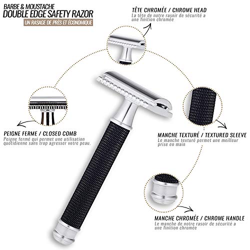 ✮ BARBER TOOLS ✮ Kit de afeitado - Maquinilla de afeitar + 5 cuchillas de doble hoja + caja de 80 cuchillas de doble hoja + piedra de alumbre 100% Natural