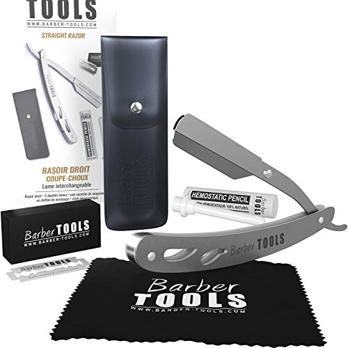 Barber Tools - Maquinilla de afeitar tradicional para barba (cuchilla intercambiable, 5 cuchillas dobles + barra de alumbre + paño de pulido + funda de almacenamiento)