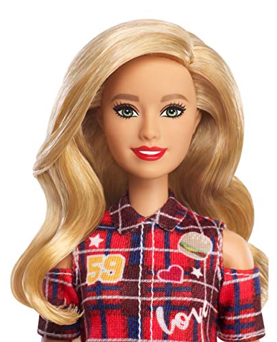 Barbie Fashionista - Muñeca rubia con ondas y vestido a cuadros (Mattel GBK09)