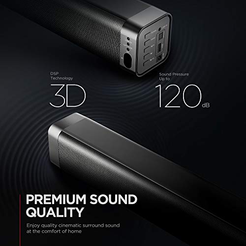 Barra de Sonido 2.0 Canales, Potencia 120dB, BOMAKER Tecnología DSP Subwoofer Incorporado + Bluetooth 5.0 para TV, Soporta Óptico, 3,5 mm Audio AUX, USB, para Cine en Casa, ODINE I, Negro-Gris