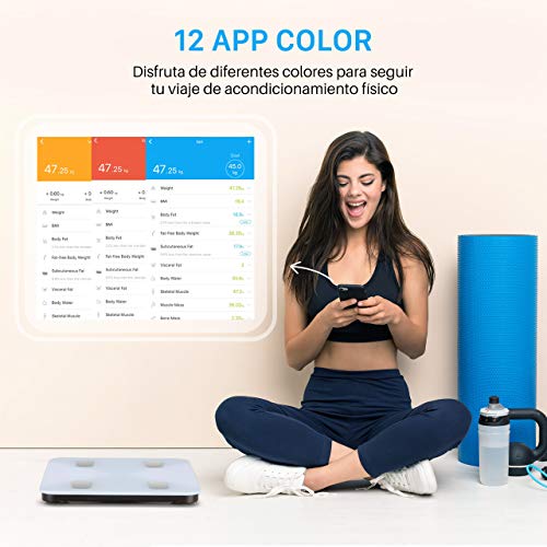 Bascula de Baño, Báscula Inteligente Bluetooth Mpow Báscula Grasa Corporal Digital,13 Mediciones Esenciales: BMI, Grasa Corporal ect, IOS / Android, Compatible con Apple Health, Google Fit, Fitbit App