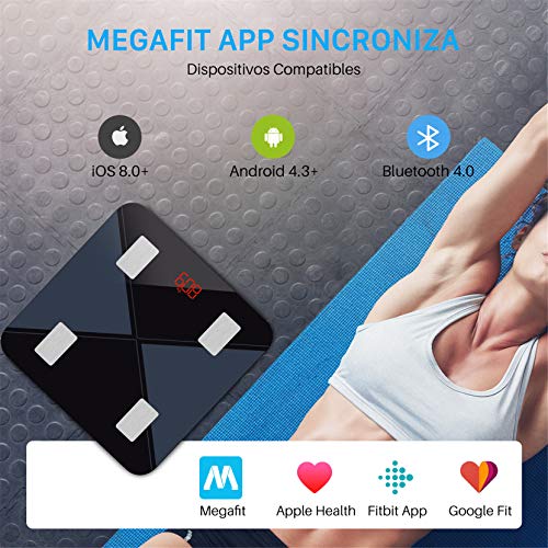 Bascula de Baño, Báscula Inteligente Bluetooth Mpow Báscula Grasa Corporal Digital,13 Mediciones Esenciales: BMI, Grasa Corporal ect, IOS / Android, Compatible con Apple Health, Google Fit, Fitbit App
