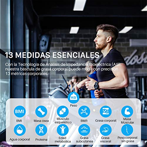 Bascula de Baño, Báscula Inteligente Bluetooth Mpow Báscula Grasa Corporal Digital,13 Mediciones Esenciales: BMI, Grasa Corporal ect, IOS / Android, Compatible con Apple Health, Google Fit, Fitbit App