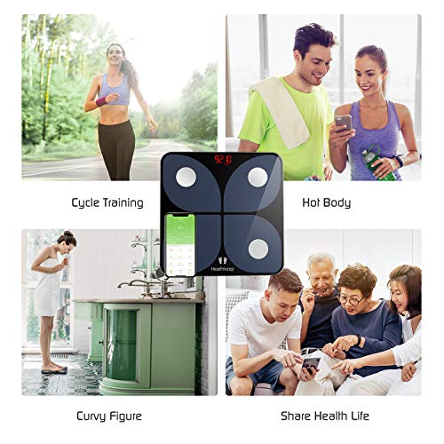 Báscula de Baño Digital Báscula Inteligente Báscula Grasa Corporal Bluetooth, Wireless Báscula Analizar Más de 13 Funciones, Monitores de Composición Corporal Máximo 180 kg para Andriod e iOS (Negro)
