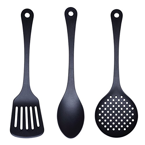 Batería de cocina 5 piezas acero inoxidable y 3pcs Utensilios de cocina y Set 3pcs sartenes 16/20/24 cms, negro, aluminio prensado, inducción