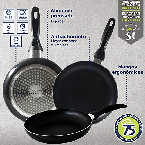 Batería de cocina 5 piezas acero inoxidable y 3pcs Utensilios de cocina y Set 3pcs sartenes 16/20/24 cms, negro, aluminio prensado, inducción