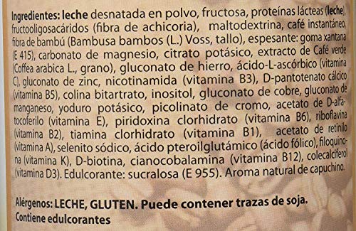 Batido en polvo, sabor a Capuchino. Rico en proteínas, excelente como sustituto alimenticio, saciante, controla el peso y ayuda a quemar grasa, con café verde sin cafeína, adelgazante