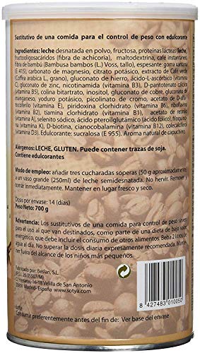 Batido en polvo, sabor a Capuchino. Rico en proteínas, excelente como sustituto alimenticio, saciante, controla el peso y ayuda a quemar grasa, con café verde sin cafeína, adelgazante