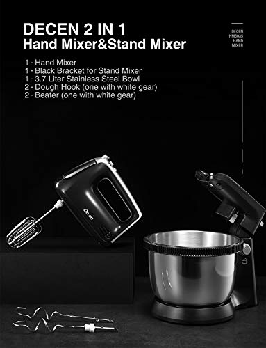 Batidora Amasadora 2 en 1 Batidora de Varillas con 5 Velocidades y Función Turbo, Potente de 300W con Bol de 3,5 L(Giratorio), Incluye 2 Ganchos para Masa y 2 Batidores, Acero Inoxidable, Decen